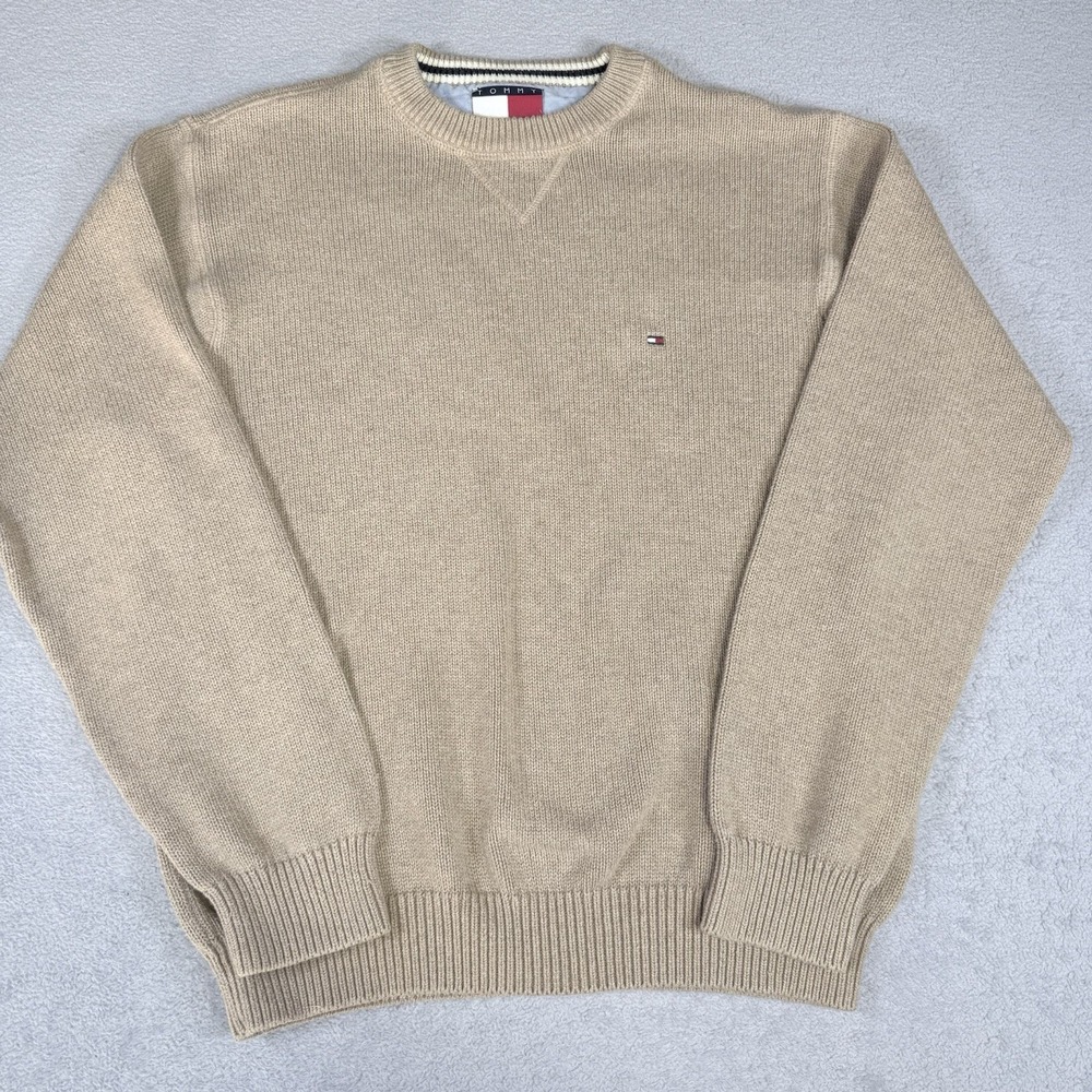VTG 90s Tommy Hilfiger Mens Medium Sweater Tan Chunky Knit Crewneck Flag Logo